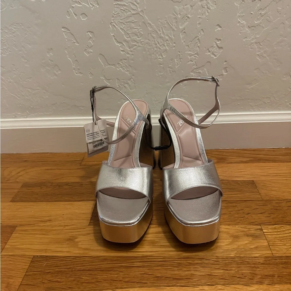 ZARA Silver Platform Heels Shoes Party‎ Vacation Wedding Dance Size 10 41 Shiny